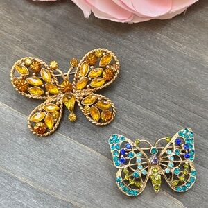 Butterfly Brooch Set in Gold and Blue Rhinestones